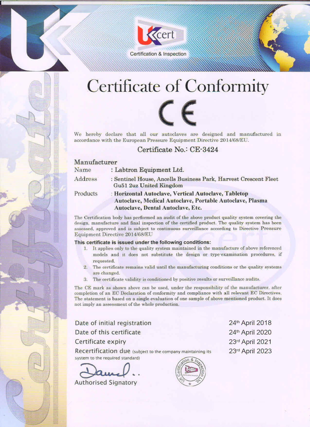 Labtron Equipment Ltd. Certificate of Conformity : Labtron Certification
