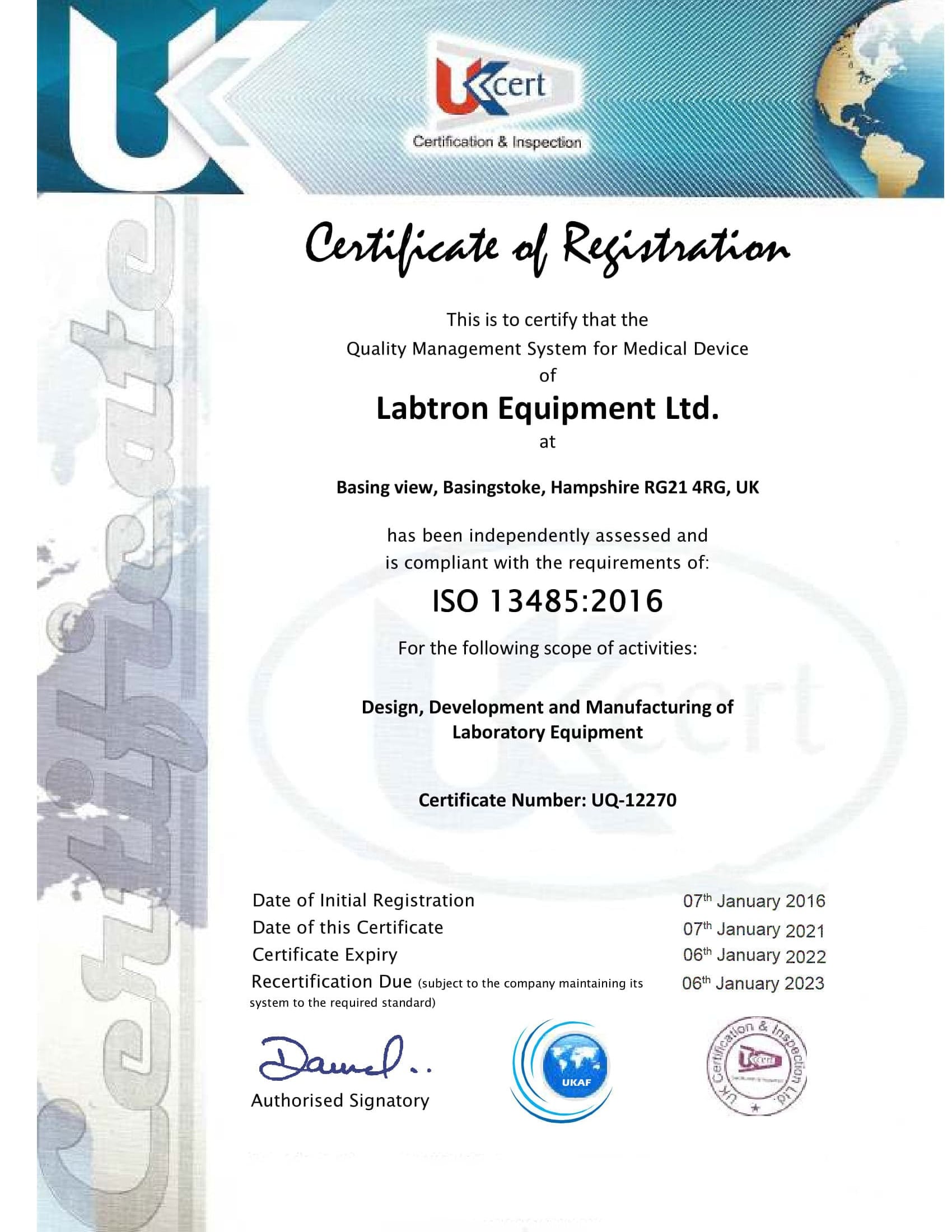 Labtron Equipment Ltd. GMP ISO 13485 UKCert : Labtron Certification