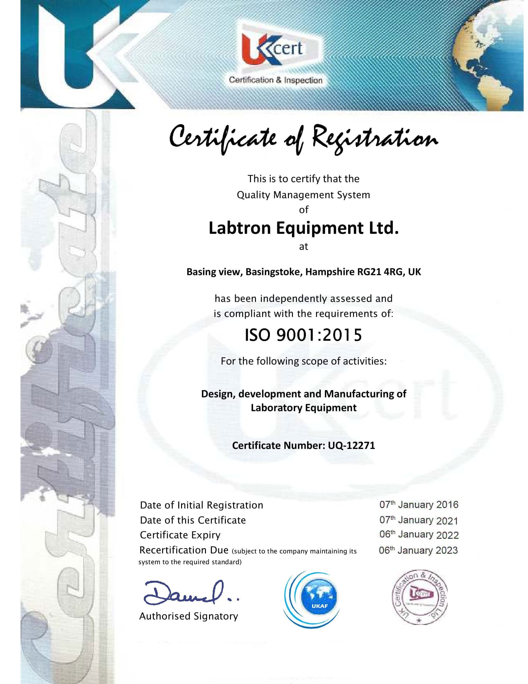 Labtron Equipment Ltd. ISO 9001 UKCert : Labtron Certification